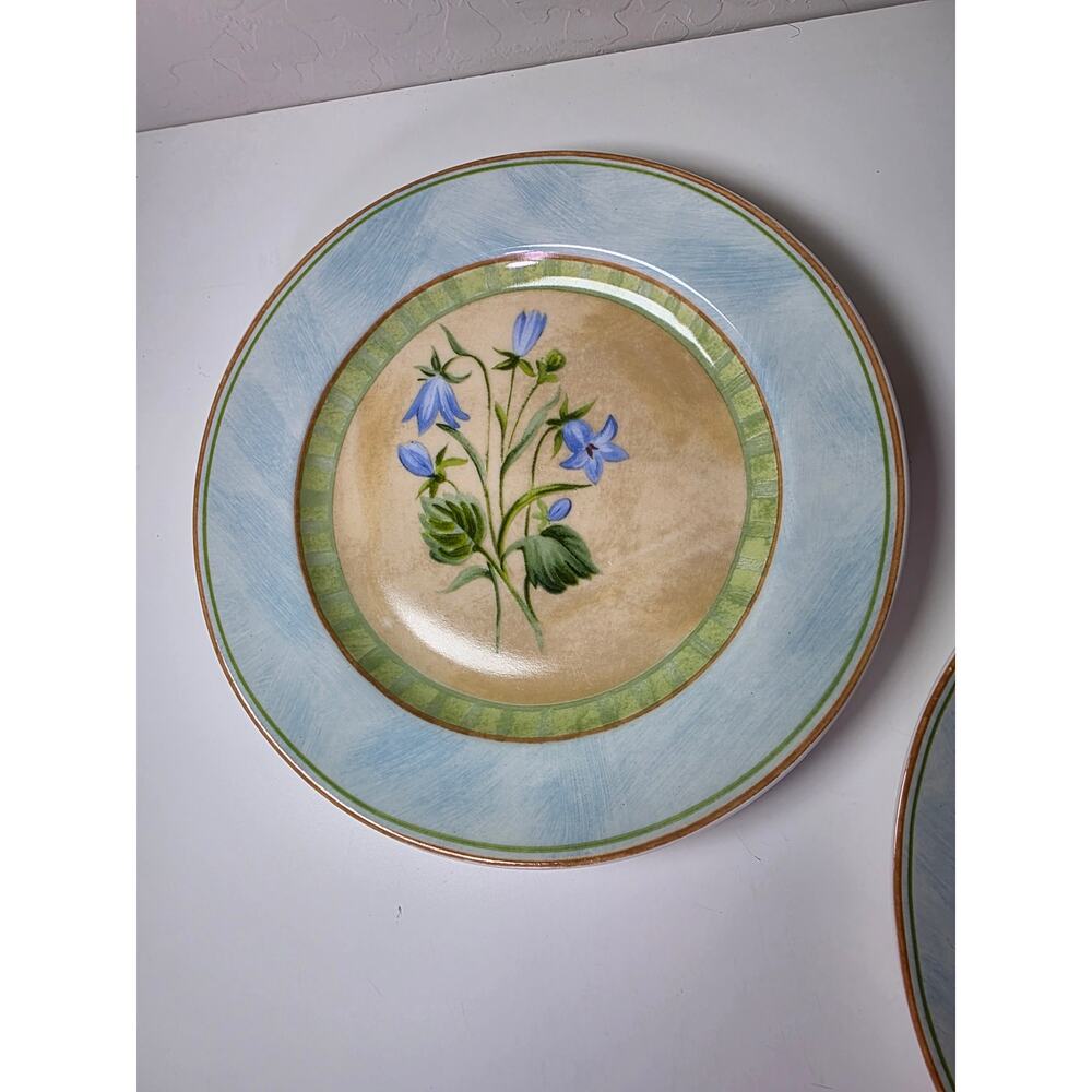 Set of 4 222 FIFTH Blue Rim Wildflower Center Clover Discontinued 8" Salad Plate - Picture 5 of 8